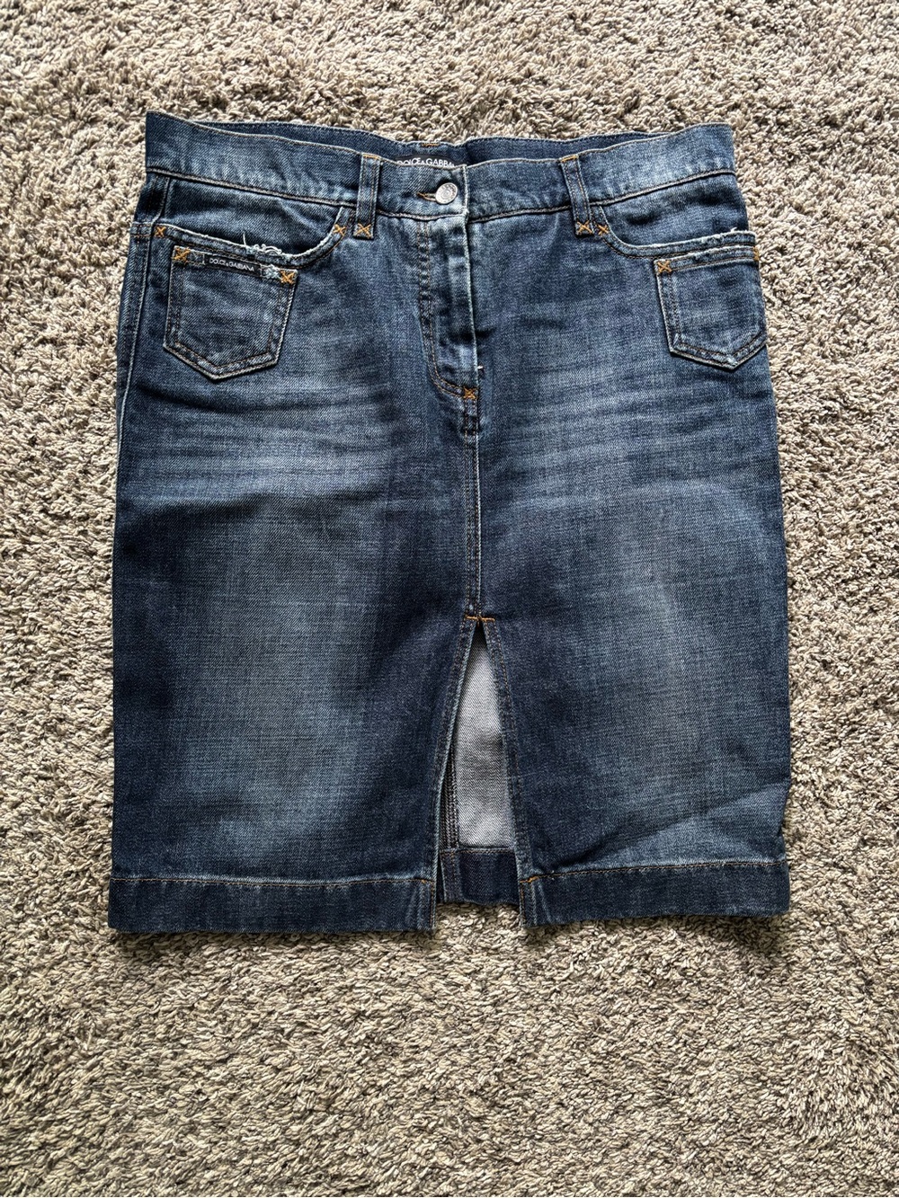 Dolce & Gabbana Dark Blue Denim Skirt with Branded Waistband